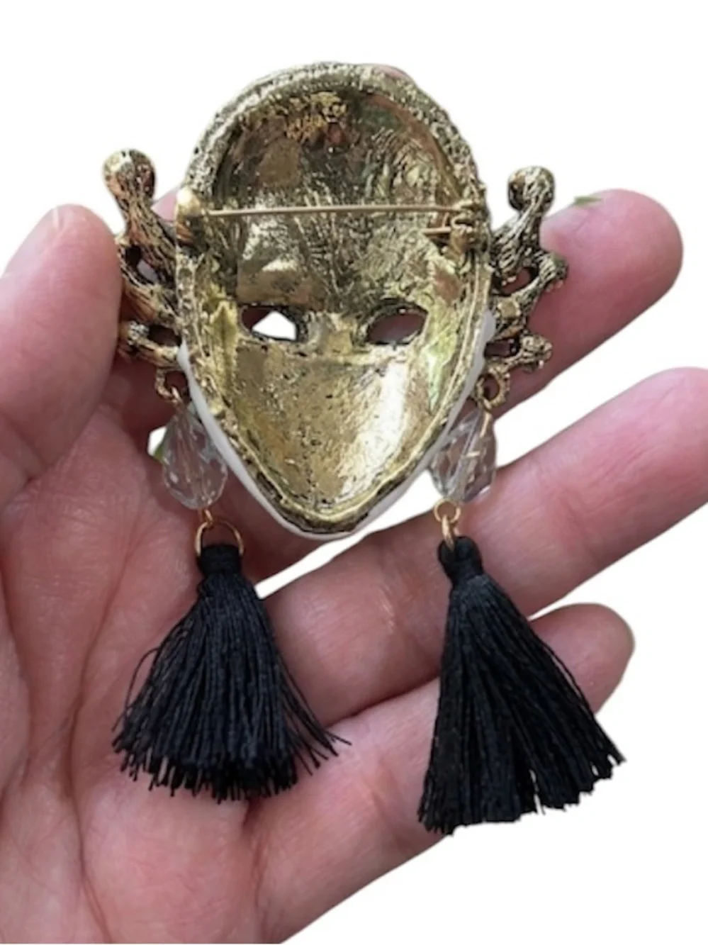 Victorian Style Masquerade Face Brooch with Emerald Green Gem & Tassels New
